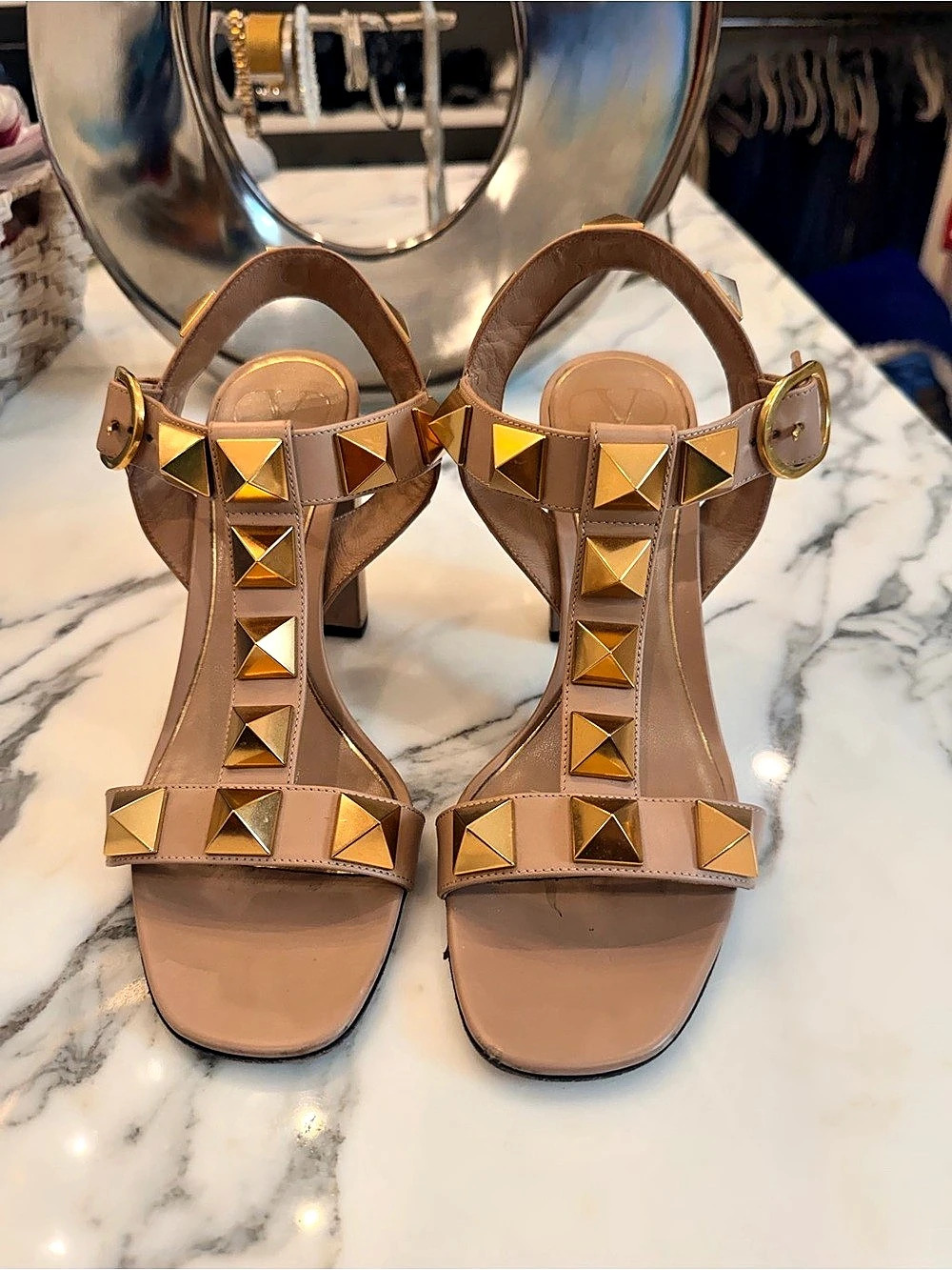 Valentino Rockstud T-Strap Block Heel Sandal Beige